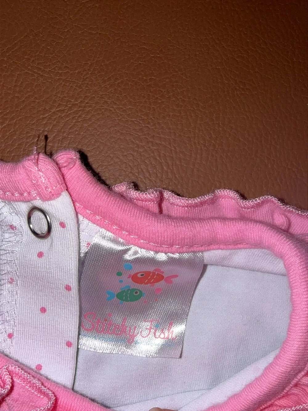 Pristine Stitchy Fish 3-6 months ruffle “Kate” Embroidered Pink Dot Gown